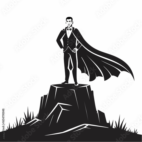 Vector Illustration of Dracula Majestically Standing on a Large Rock with a Flowing Cloak in Dramatic Scene.