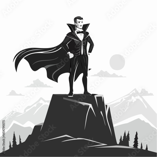 Vector Illustration of Dracula Majestically Standing on a Large Rock with a Flowing Cloak in Dramatic Scene.