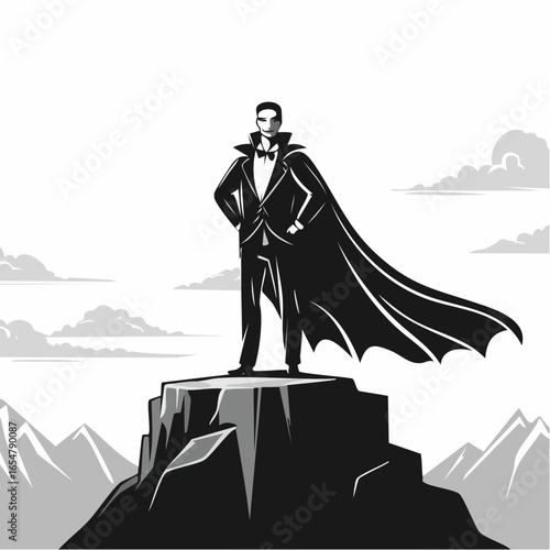 Vector Illustration of Dracula Majestically Standing on a Large Rock with a Flowing Cloak in Dramatic Scene.