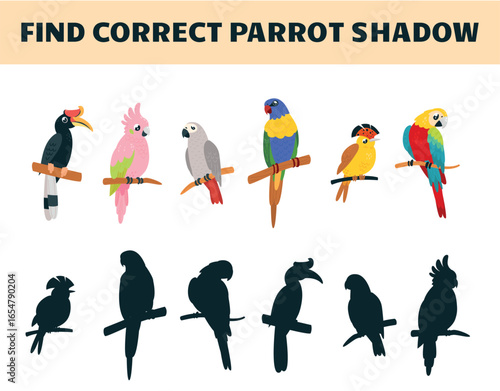 Parrots on wooden sticks. Children educational puzzle game find correct shadow with different parrots. Template with exotic birds, vector design