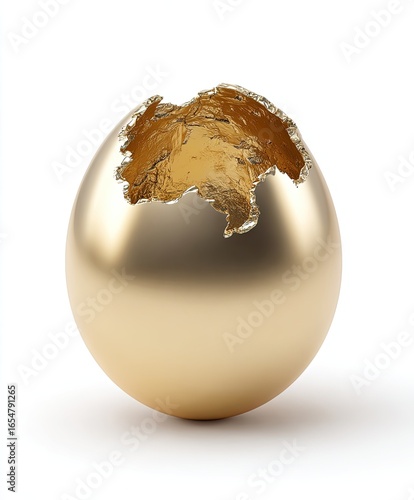 A golden egg, cracked open, reveals a golden interior