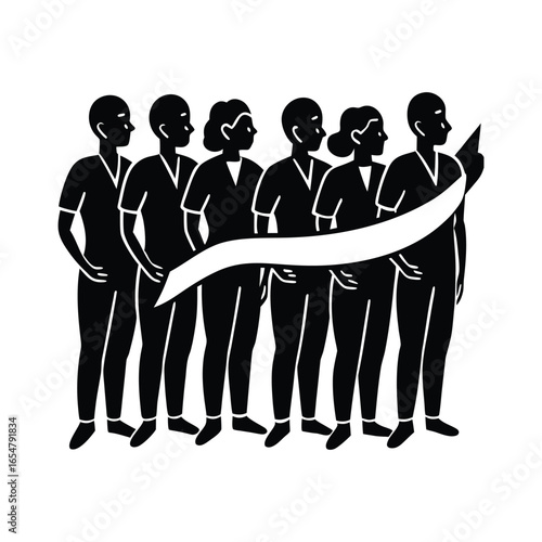 Diverse group of people holding a blank banner together