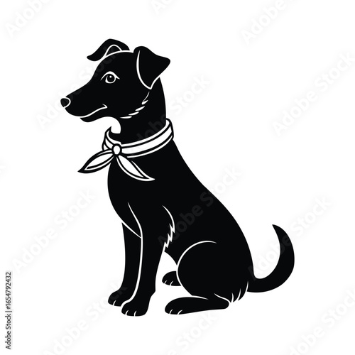 Black silhouette of a dog wearing a bandana sitting and looking to the side