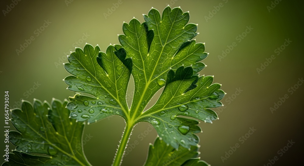 Fototapeta premium Green Leaf with Water Droplets - Fresh Parsley Closeup