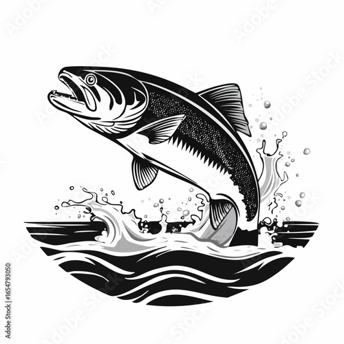 Fish in the water. Illustration of a salmon jumping out of the water vector image.
