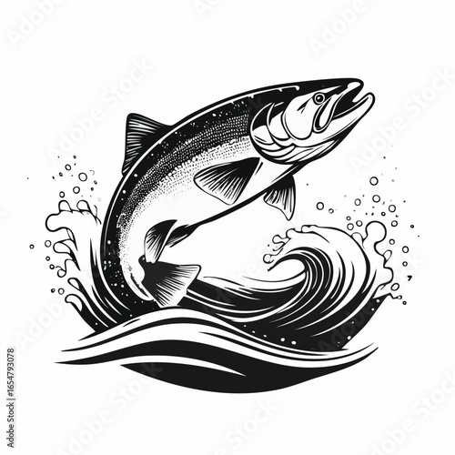 Fish in the water. Illustration of a salmon jumping out of the water vector image.