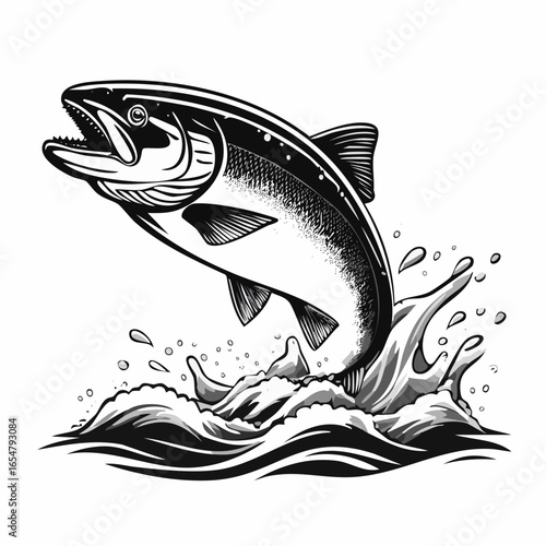 Fish in the water. Illustration of a salmon jumping out of the water vector image.