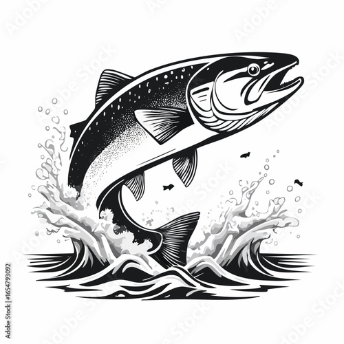 Fish in the water. Illustration of a salmon jumping out of the water vector image.