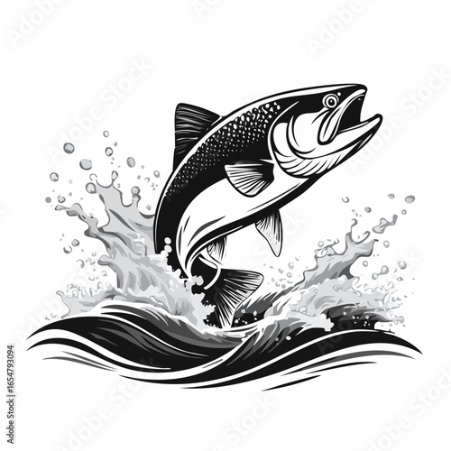 Fish in the water. Illustration of a salmon jumping out of the water vector image.