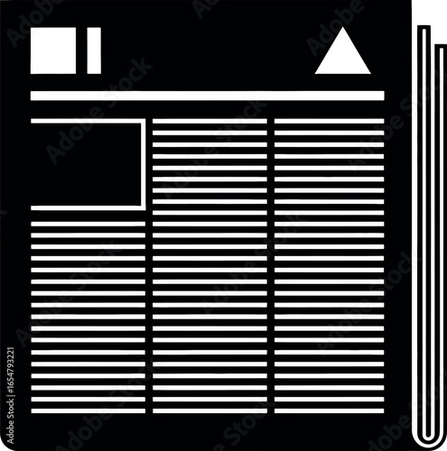 Vector art of black and white illustration of an open newspaper with columns of text and headlines transparent background