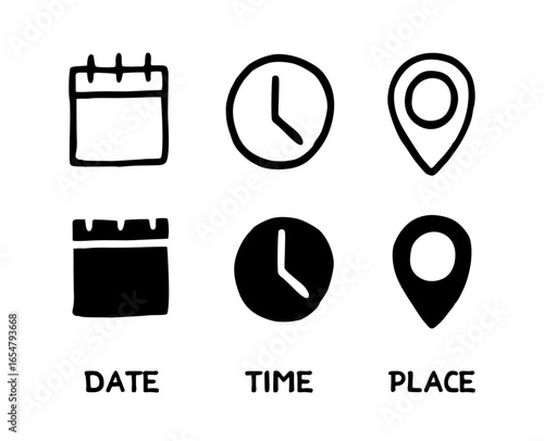 Date time place icon set hand drawn