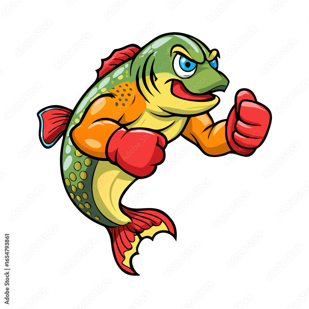 Fototapeta premium A cartoon trout fish mascot, wearing boxing gloves, in a fighting stance, ready to rumble. The design should be vibrant and playful.
