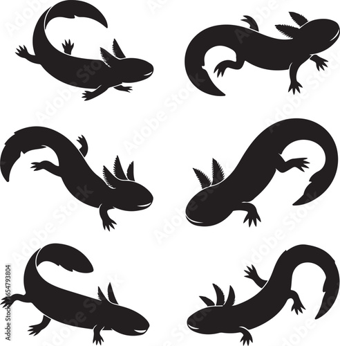 Six black silhouettes of axolotls in different swimming positions salamander amphibian