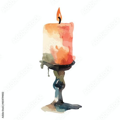 Watercolor Candle Burning with a Flickering Flame on Ornate Stand