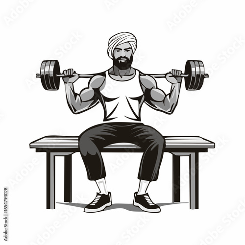 Vector Illustration of a Man Lifting Weights While Sitting on a Bench, Focused and Strong