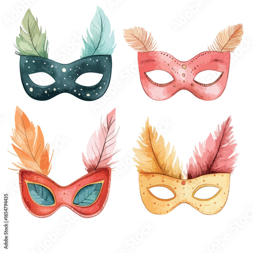 Watercolor Carnival Masks with Feathers Blue Coral Red and Yellow Palette