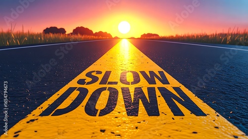 Road with slow down safety message at sunset
