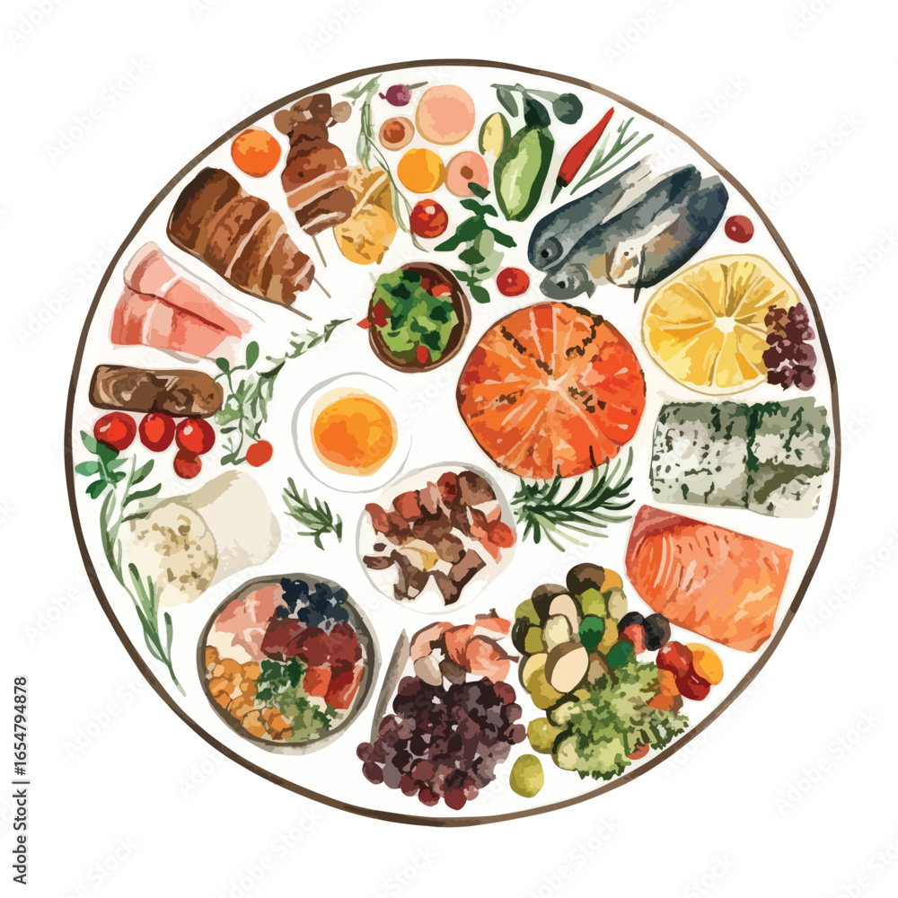 Naklejka premium Watercolor Charcuterie Board with Skewers Fish Cheese Fruit and Vegetables