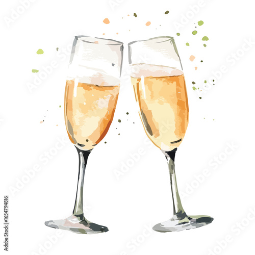 Watercolor Champagne Flutes Toasting with Splatters of Celebration