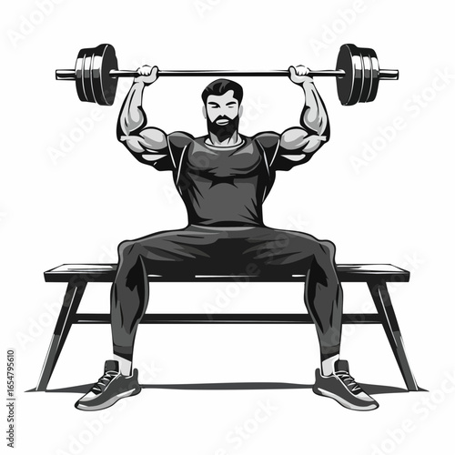 Vector Illustration of a Man Lifting Weights While Sitting on a Bench, Focused and Strong