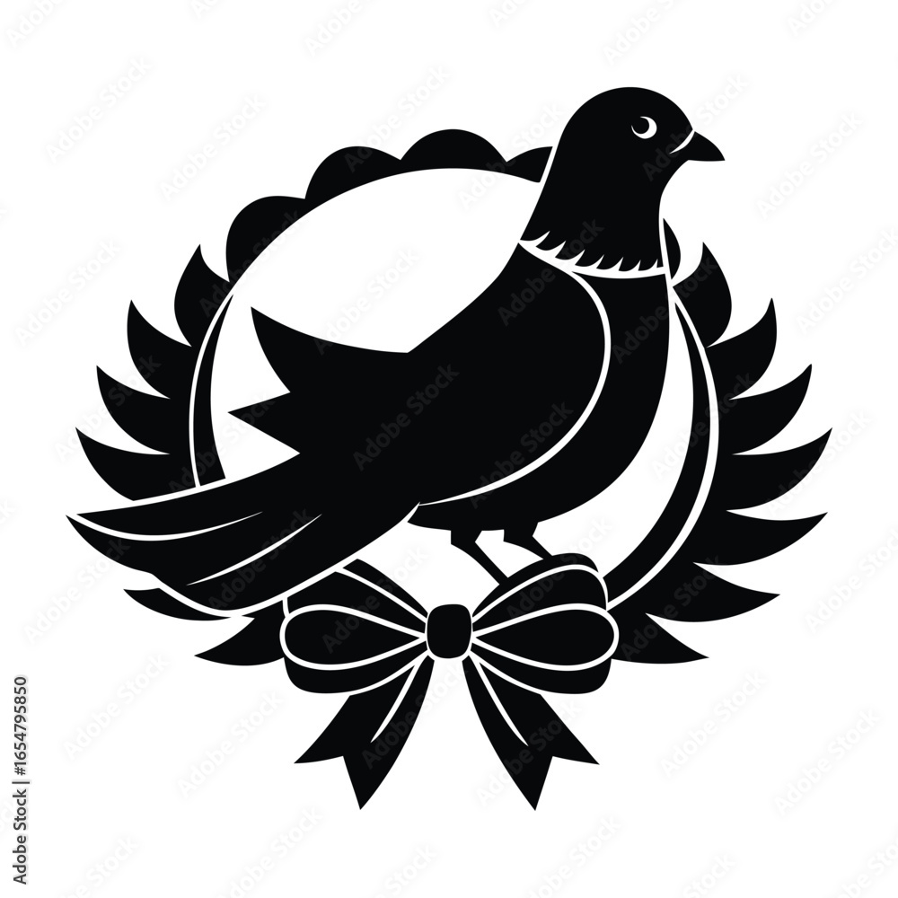 Fototapeta premium Black silhouette of a dove perched on a decorative wreath with a bow