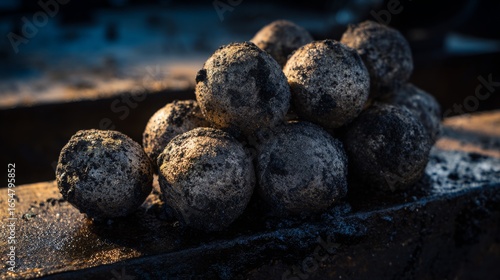 Close-up of polymetallic nodules with marine sediment on wet steel platform in shadow Generative AI