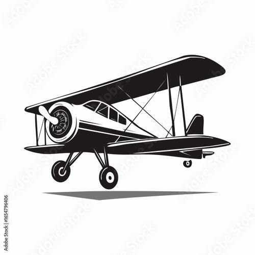 Vintage plane illustration vector. Black and white Illustration of Small Plane Flying  image.