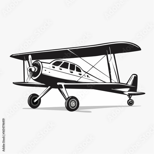 Vintage plane illustration vector. Black and white Illustration of Small Plane Flying  image.