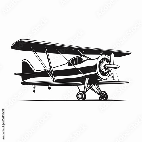 Vintage plane illustration vector. Black and white Illustration of Small Plane Flying  image.