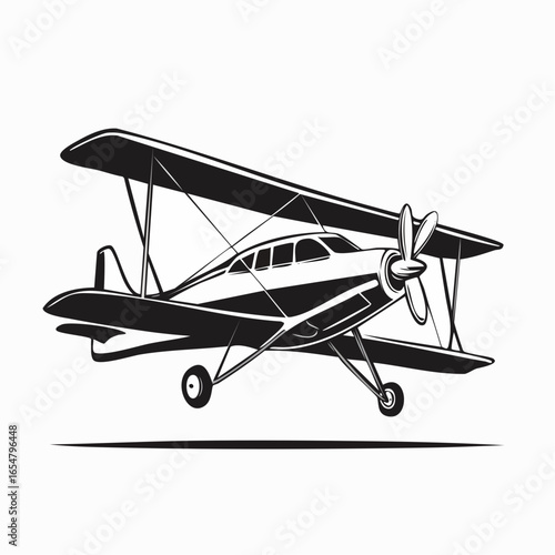 Vintage plane illustration vector. Black and white Illustration of Small Plane Flying  image.