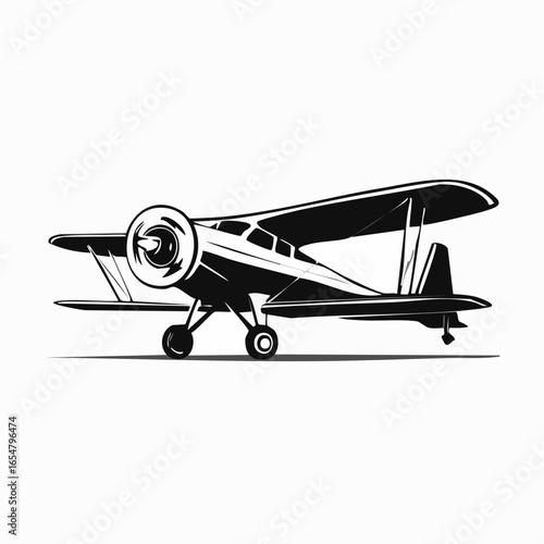 Vintage plane illustration vector. Black and white Illustration of Small Plane Flying  image.