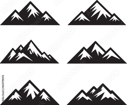 Black Silhouette Mountain Peaks With Snow Caps On White Background summit range