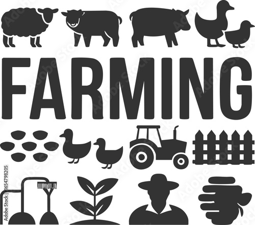 Vector art of a comprehensive collection of farmingrelated icons, including livestock, a tractor, crops, and a farmer, representing the agricultural industry
