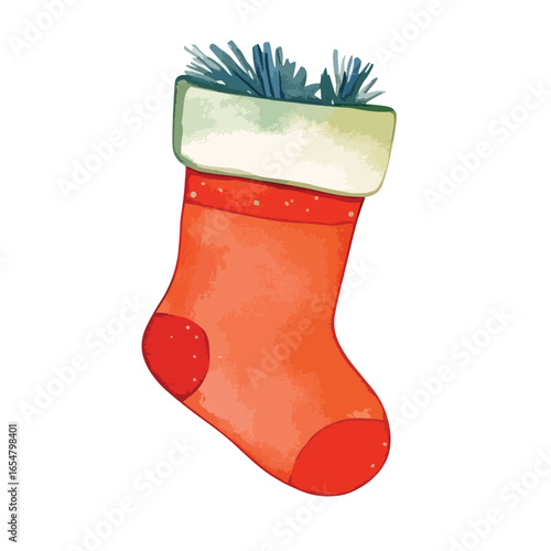 Watercolor Christmas Stocking with Pine Sprigs and Creamy Cuff