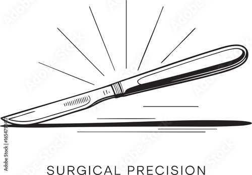 Vector art of a detailed illustration of a surgical scalpel, emphasizing precision and sharpness, with radiating lines suggesting focus and expertise