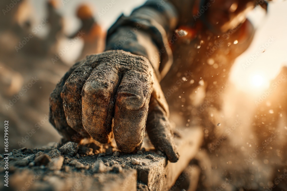 Obraz premium Dirty gloved hand gripping rough surface at dusty construction site.