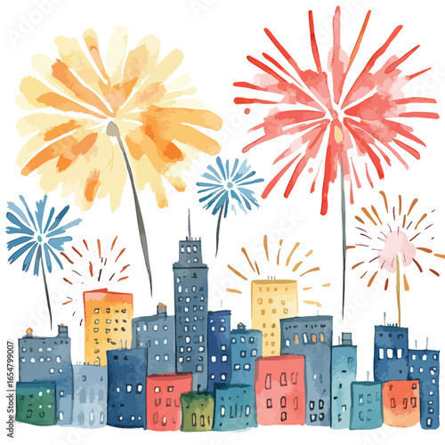 Watercolor Cityscape with Fireworks Display Colorful Buildings and Festive Celebration