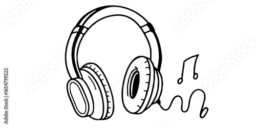 Illustration showing a pair of headphones connected by a cable to music notes in black outline