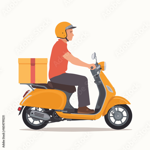 A delivery person riding a yellow scooter with a package on the back ready for delivery service run