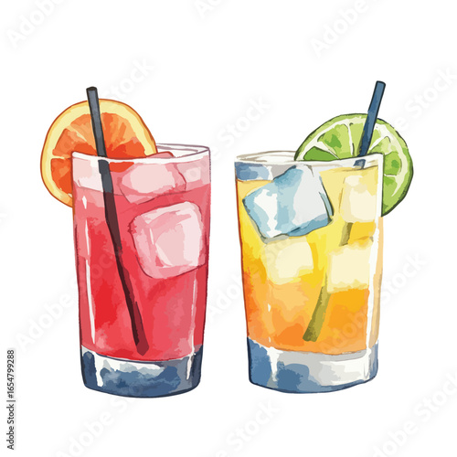 Watercolor Cocktails Refreshing Drinks with Orange and Lime Garnishes Ice Cubes