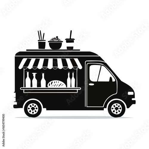 Black and white Food truck side view with food and drink image vector isolated on white background.