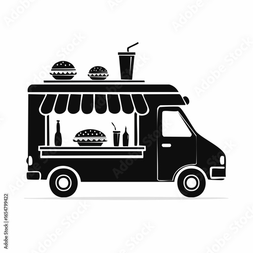 Black and white Food truck side view with food and drink image vector isolated on white background.