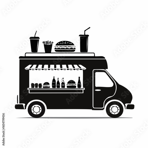 Black and white Food truck side view with food and drink image vector isolated on white background.