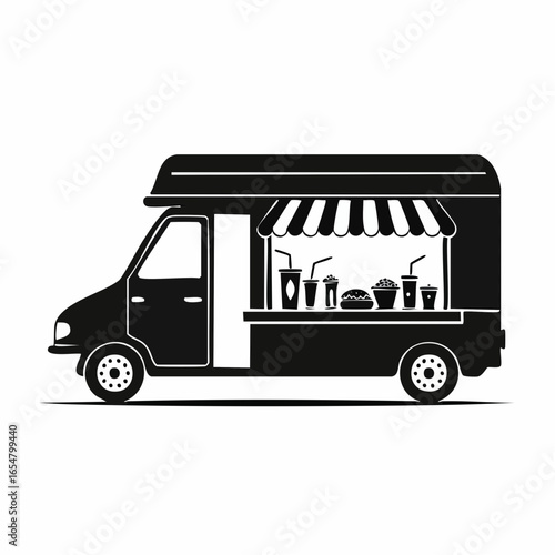 Black and white Food truck side view with food and drink image vector isolated on white background.