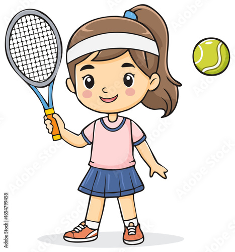 Little cartoon girl playing tennis clipart, isolated