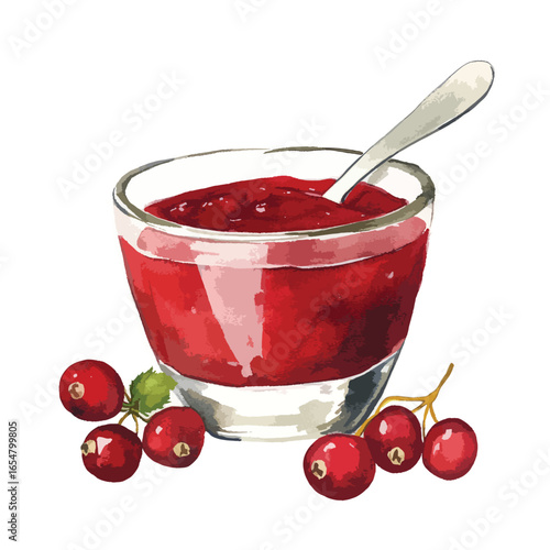 Watercolor Cranberry Sauce in Glass Bowl with Fresh Berries