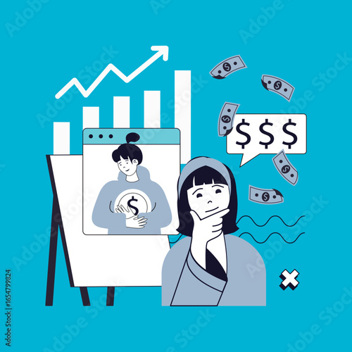 Business technology concept for modern web design. People brainstorming ideas, analyzing project, improving strategy, setting and achieving goals, earning money, getting success. Vector illustration.