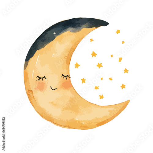 Watercolor Crescent Moon with Closed Eyes and Scattered Stars Illustration