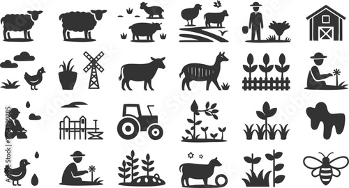 Vector art of collection of farm and agriculture icons including animals, machinery, and rural elements