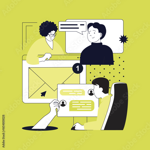 Communication concept for modern web design. People chatting online with virtual friends, answering messages at forums, sharing information and commenting in social network. Vector illustration.